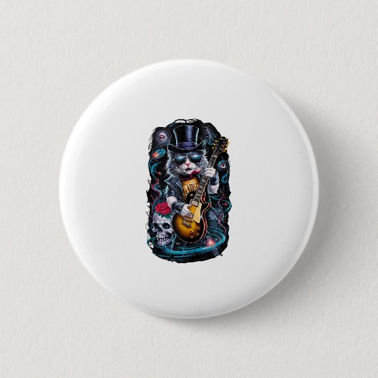 Cat Playing Gitarre Rock & Roll 80er 90s Rock Band Button (Vorderseite)