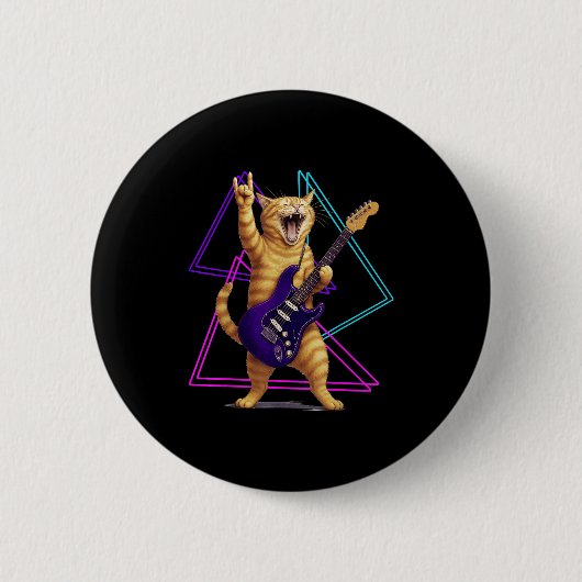 Cat Playing Guitar Rock Star Rock And Roll Men Wom Button (Vorderseite)