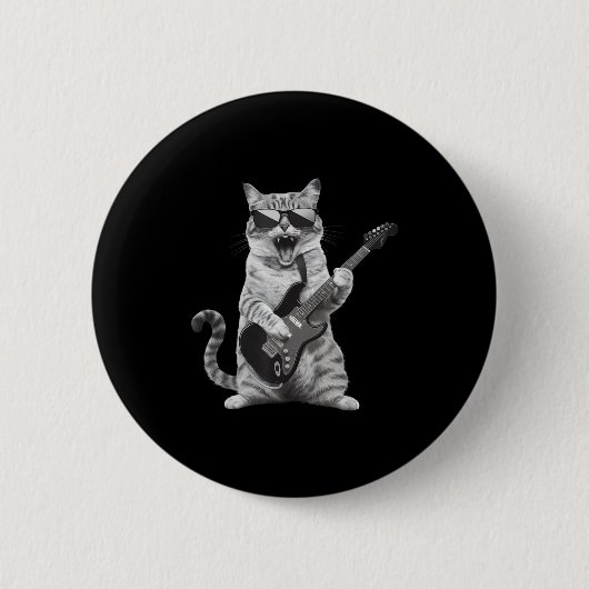 Cat Playing Guitar Rock Star Rock And Roll Men Wom Button (Vorderseite)