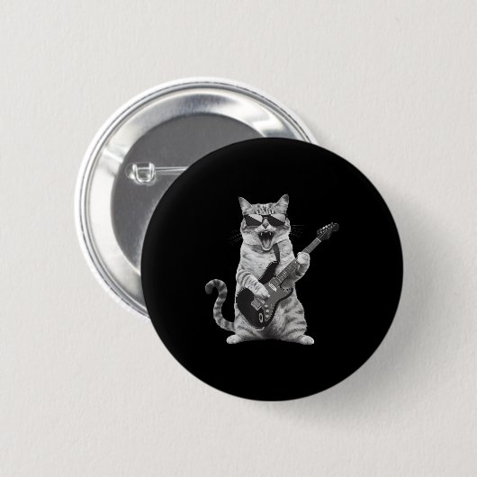 Cat Playing Guitar Rock Star Rock And Roll Men Wom Button (Vorne & Hinten)