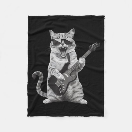 Cat Playing Guitar Rock Star Rock And Roll Men Wom Fleecedecke (Vorderseite)