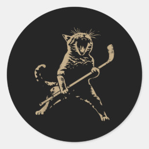 Cat Playing Ice Hockey Runder Aufkleber