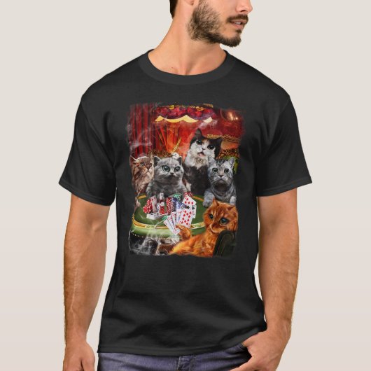 Cat Playing Poker Karten T-Shirt (Vorderseite)
