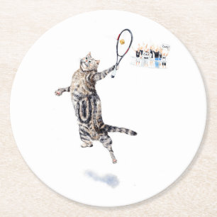 Cat Playing Tennis Runder Pappuntersetzer