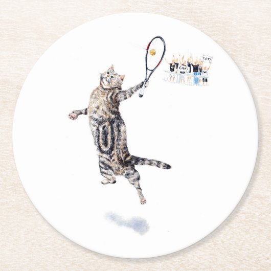 Cat Playing Tennis Runder Pappuntersetzer (Vorderseite)