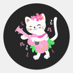 Cat Playing Ukulele Pocket Player Hawaiian Runder Aufkleber