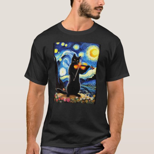 Cat Playing Violin Starry Night Artistic T-Shirt (Vorderseite)