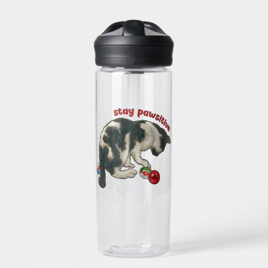 Cat Playing with MARBLES, Stay Pawsitive, Pun Trinkflasche (Vorderseite)