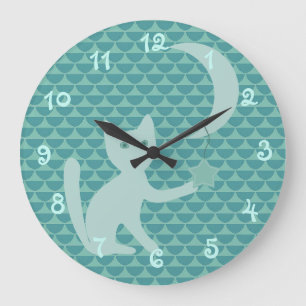 Cat Playing with Moon and Star Teal Große Wanduhr