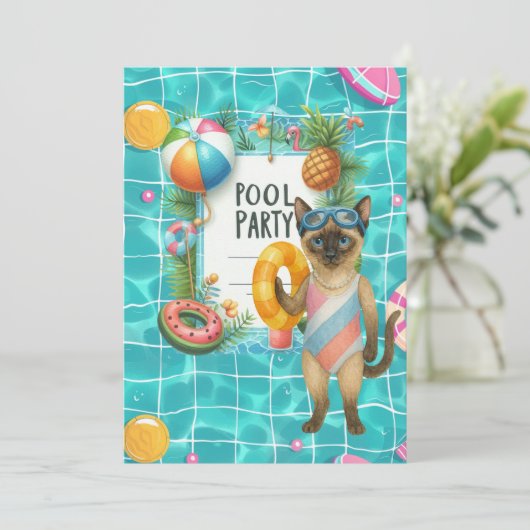 Cat Pool Party Einladung (Stehend Vorderseite)