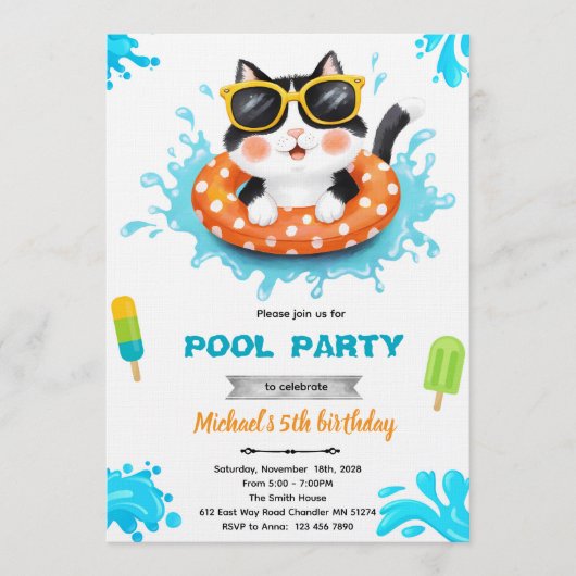 Cat pool party invitation einladung (Vorderseite)