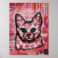 Cat Poster Orange Hot Pink - Helle Kitty