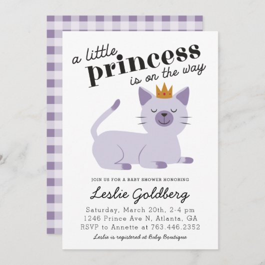 Cat Princess Baby Dusche Lila Einladung (Vorne/Hinten)