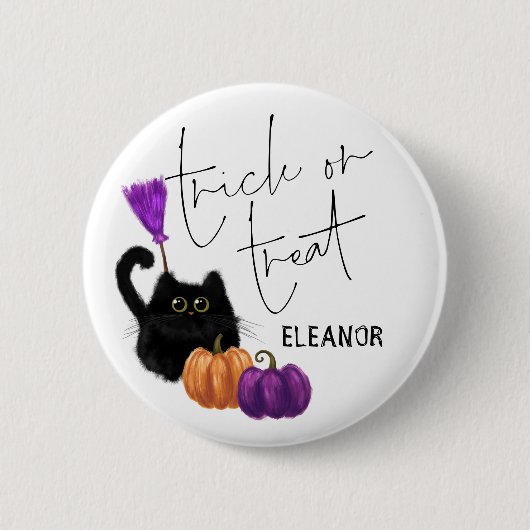 Cat Pumpkin Broomstick Halloween Trick Leckerei Na Button (Vorderseite)
