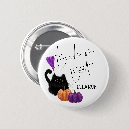 Cat Pumpkin Broomstick Halloween Trick Leckerei Na Button (Vorne & Hinten)