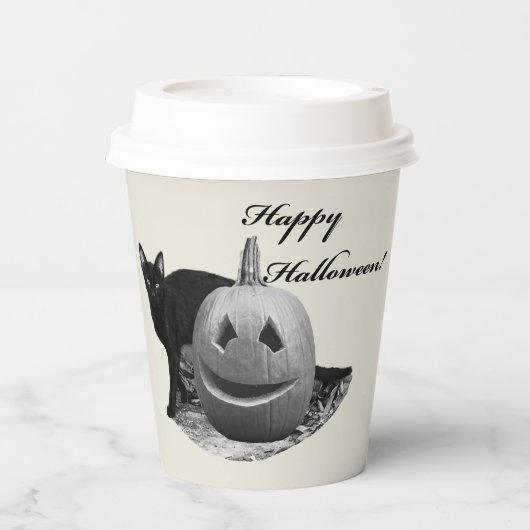 Cat & Pumpkin Happy Halloween Pappbecher (Vorderseite)