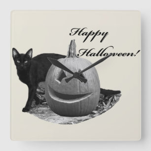 Cat & Pumpkin Happy Halloween Quadratische Wanduhr