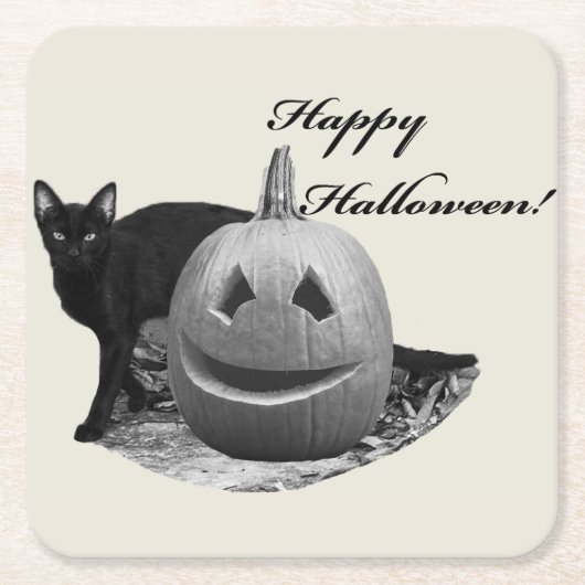 Cat & Pumpkin Happy Halloween Rechteckiger Pappuntersetzer (Vorderseite)