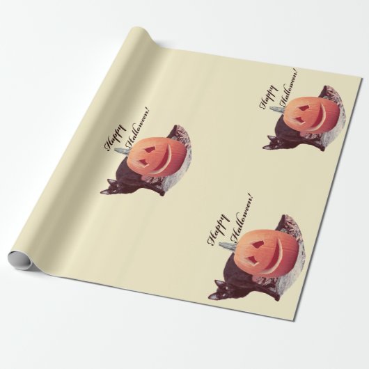 Cat & Pumpkin Happy Halloween Wrapping Paper Geschenkpapier (Ungerollt)