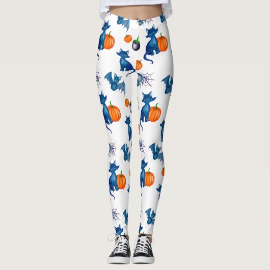 Cat Pumpkin Pattern White Halloween Leggings (Vorderseite)