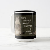 Cat "PUT DOWNY YOUR COFFEE & FÜTTRE ME" Tasse (Vorderseite Links)