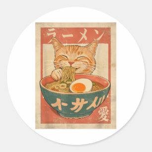 Cat Ramen Funny Japanisch Vintages Grafik-T-Shirt Runder Aufkleber