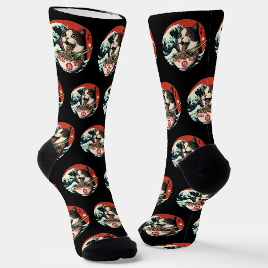Cat Ramen Japanese Art Vintage Style Socken (Gewinkelt)