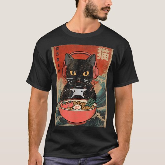 Cat Ramen Japanese Funny Graphic Kawaii Anime  T-Shirt (Vorderseite)