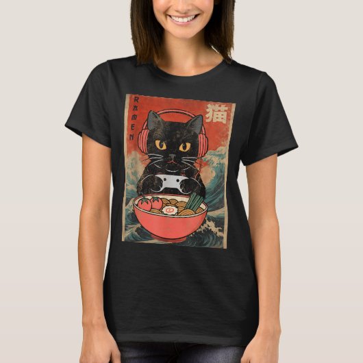 Cat Ramen Japanese Funny Graphic Kawaii Anime  T-Shirt (Vorderseite)