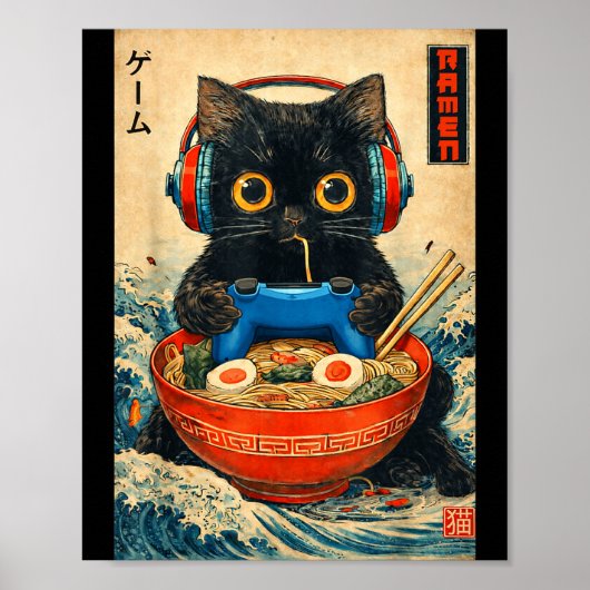 Cat Ramen Japanese Funny Graphic Tees Kawaii Cat A Poster (Vorne)
