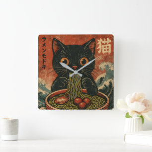 Cat Ramen Japanisch Funny Graphic Kawaii Cat Anime Quadratische Wanduhr