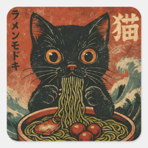 Cat Ramen Japanisch Funny Graphic Kawaii Cat Anime Quadratischer Aufkleber