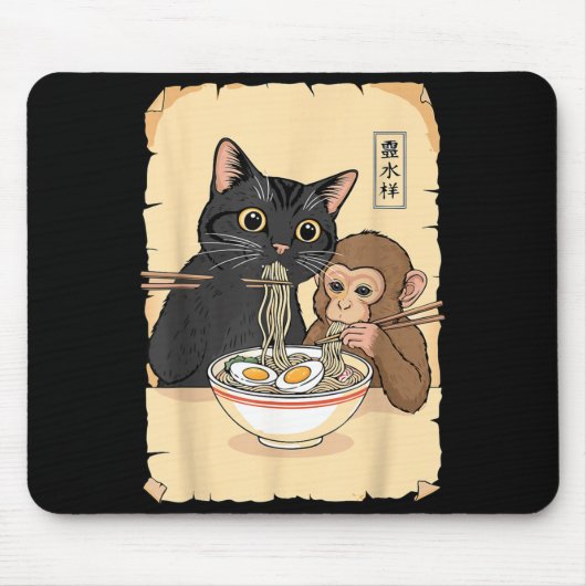 Cat Ramen Monkey Shirt Funny Cat Monkey Eating Ram Mousepad (Vorne)