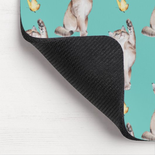 Cat Reaching For Yellow Butterfly on Light Aquamar Mousepad (Ecke)