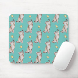 Cat Reaching For Yellow Butterfly on Light Aquamar Mousepad