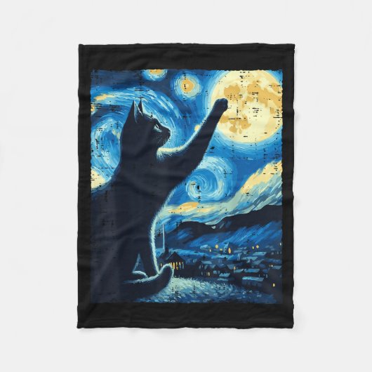 Cat Reaching Moon Starry Night Funny Kitten Men Wo Fleecedecke (Vorderseite)