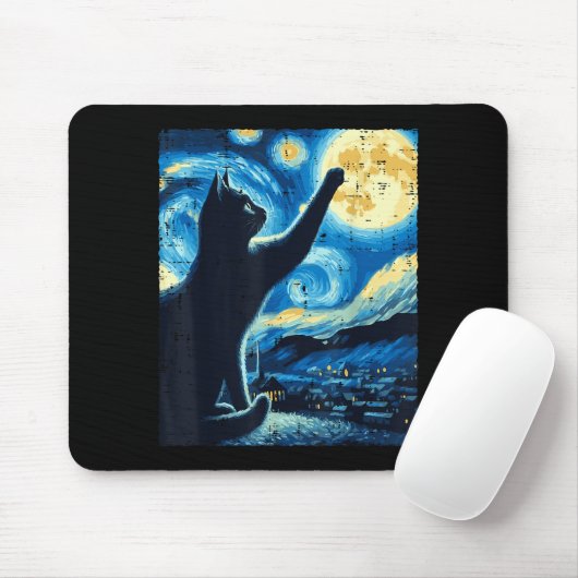 Cat Reaching Moon Starry Night Funny Kitten Men Wo Mousepad (Mit Mouse)