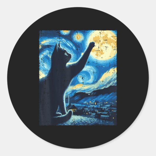 Cat Reaching Moon Starry Night Funny Kitten Men Wo Runder Aufkleber (Vorderseite)