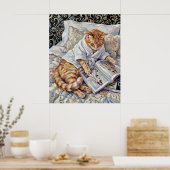 Cat Reading In Bed Cute Wall Art Poster Print (Küche)
