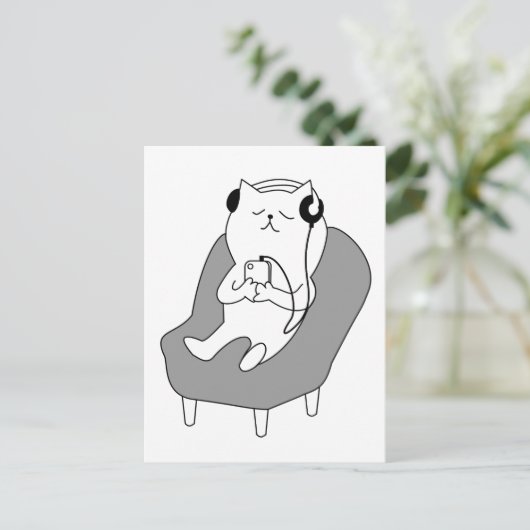 Cat Relaxing Musik auf Kopfhörern hören Postkarte (Stehend Vorderseite)