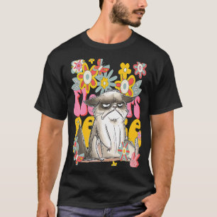 Cat Retro 60er 70er Vibe Blume Friedenszeichen Vin T-Shirt