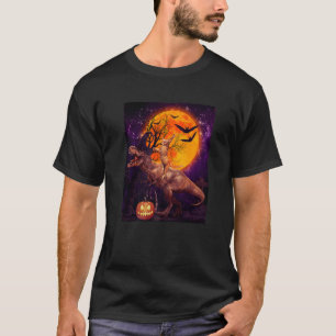 Cat Ridding Hexe Trex Dinosaur Moon Pumpkin Hall T-Shirt