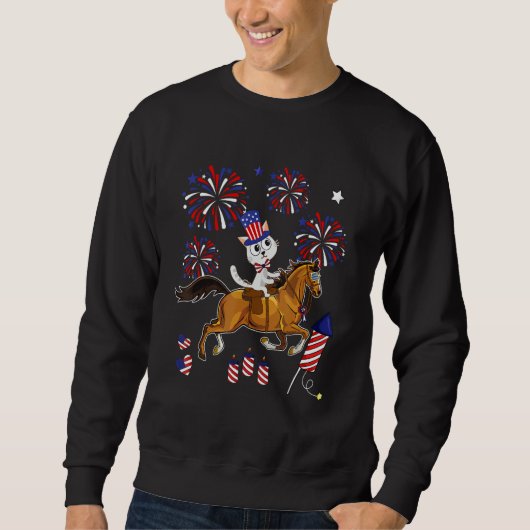 Cat Ridding Horse Sunglasses 4th Of July American Sweatshirt (Vorderseite)