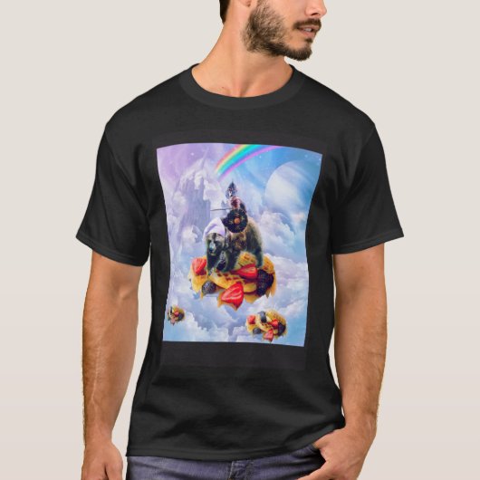 Cat Riding Bear On Clouds And Waffles T-Shirt (Vorderseite)