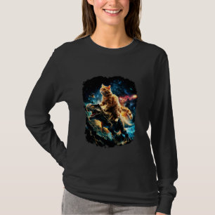 Cat Riding Dinosaur Funny Galaxy T-Shirt