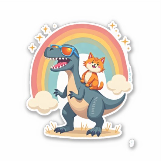 Cat Riding Dinosaur T-Rex Kitten Rainbow Dino Funn Aufkleber (Vorderseite)