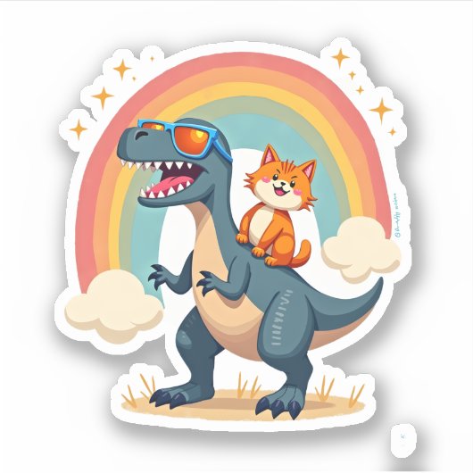 Cat Riding Dinosaur T-Rex Kitten Rainbow Dino Funn Aufkleber (Vorderseite)