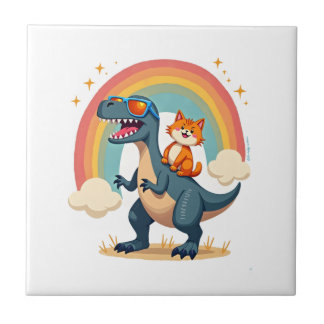 Cat Riding Dinosaur T-Rex Kitten Rainbow Dino Funn Fliese
