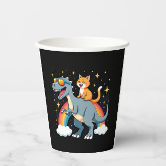 Cat Riding Dinosaur T-Rex Kitten Rainbow Dino Funn Pappbecher
