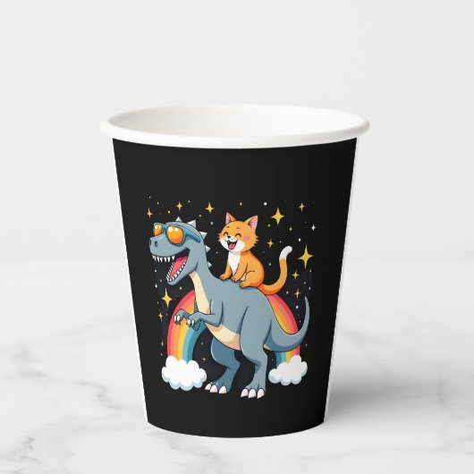 Cat Riding Dinosaur T-Rex Kitten Rainbow Dino Funn Pappbecher (Vorderseite)